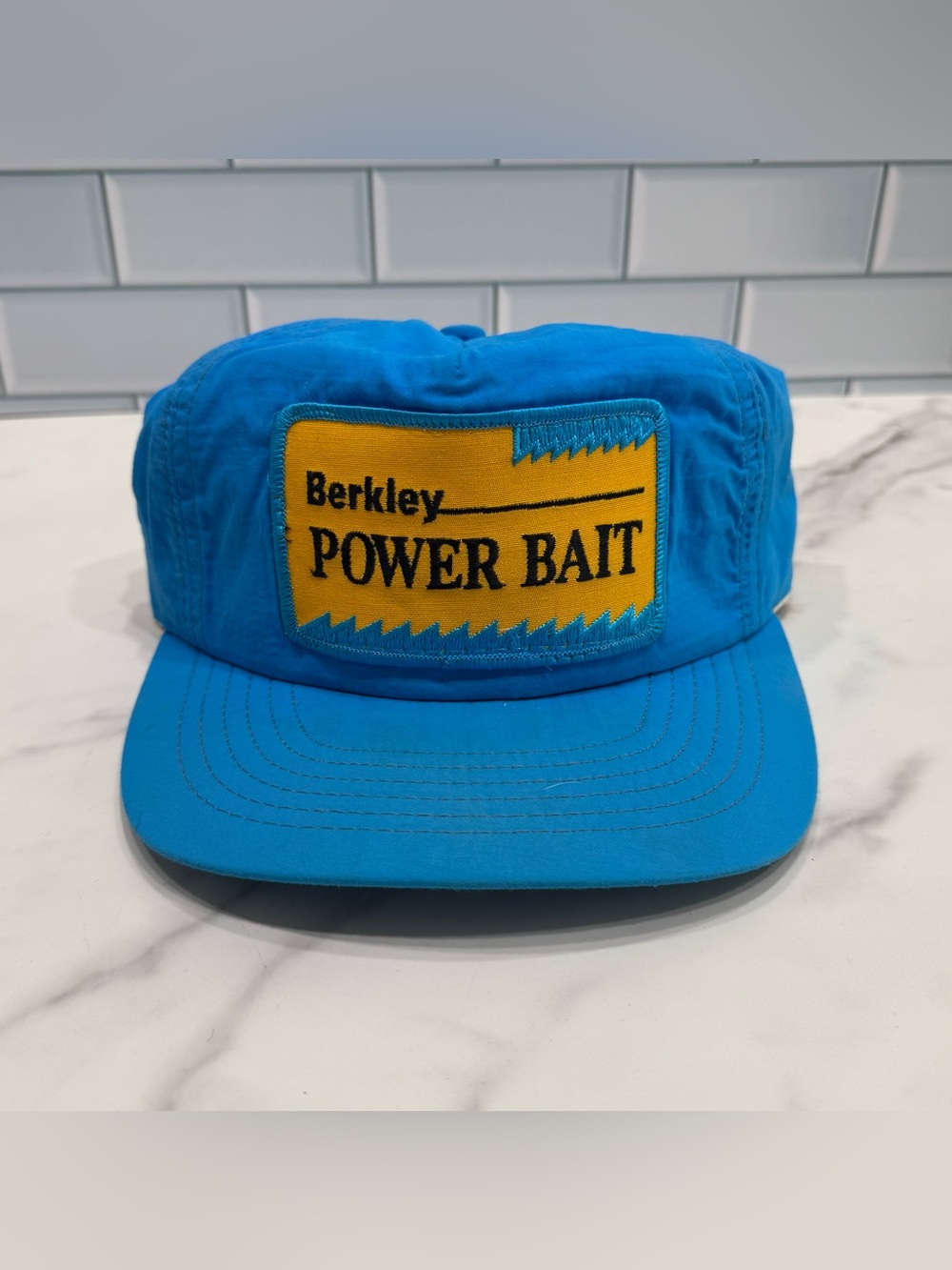 Vintage 80s Berkley Power Bait Fishing Hat Original Made in USA Snap Back Blue